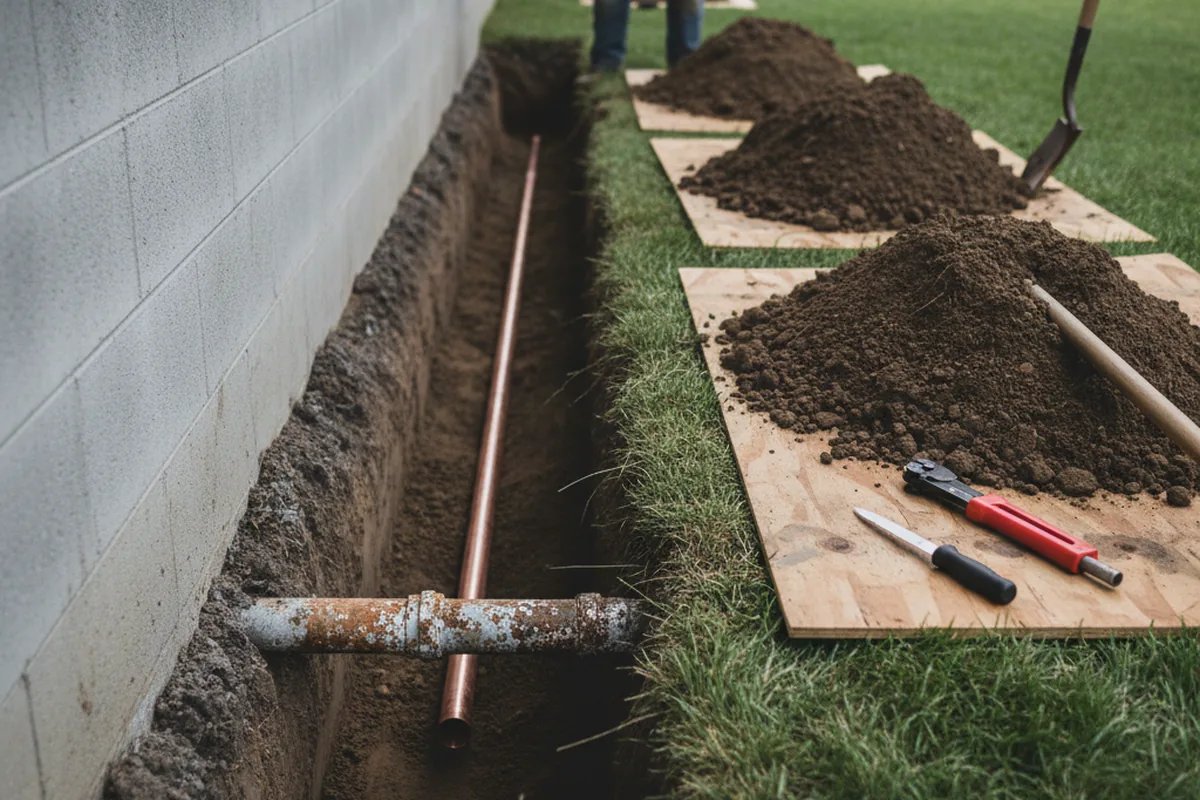 Excavated water line trench during Water Softener Installation in Checotah